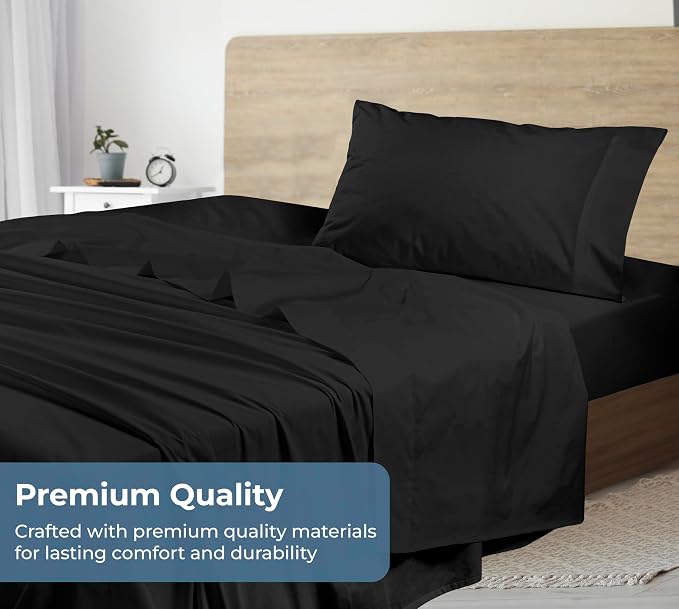 ROYALE LINENS 100% Organic Cotton Twin Sheet Set - Percale Weave - 3 Pieces Set - 1 Flat, 1 Deep Pocket Fitted Sheet and 1 Pillowcases - Black Bed Sheets - Sábanas Twin - Crisp Cool (Black)