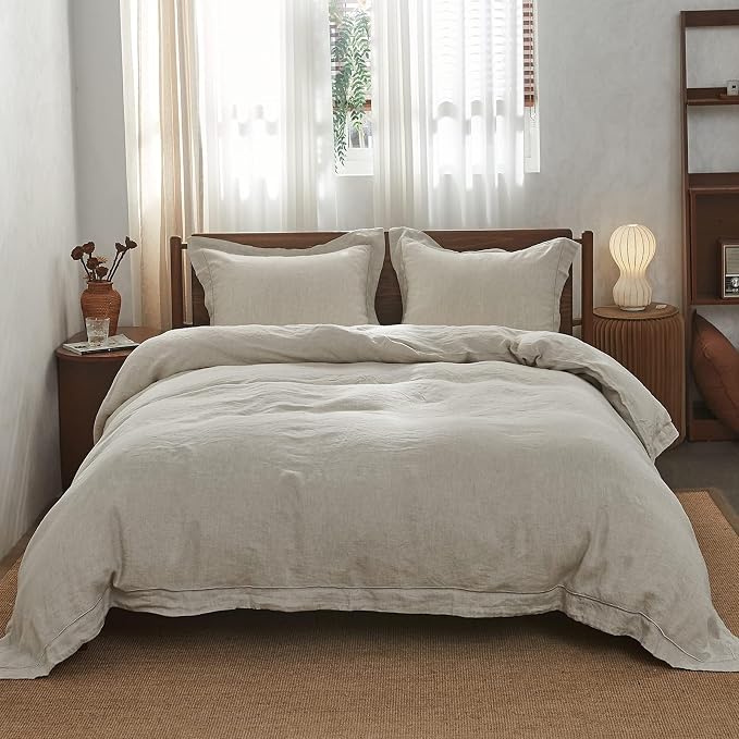 Simple&Opulence 100% Washed Linen Duvet Cover with Embroidered, 2 Pieces Soft Farmhouse Comforter Set with Button Closure,1 Duvet Cover and 1 Pillowsham(Twin,Natural Linen)