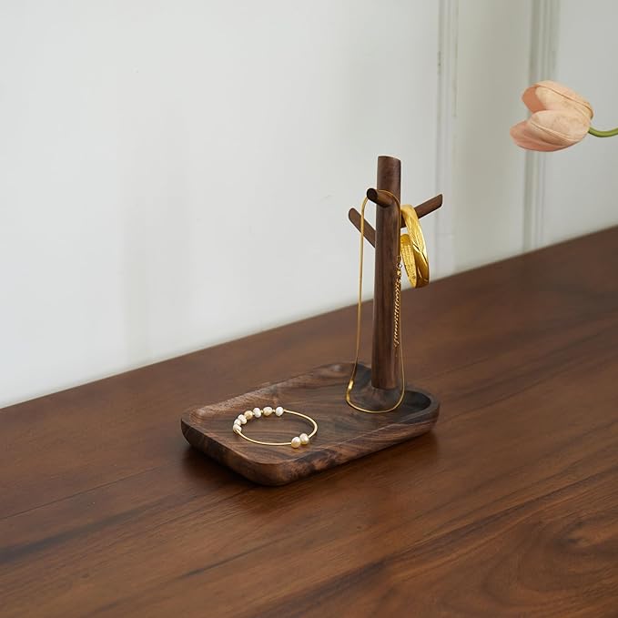 Black Walnut Solid Wood Key Dish Bowl for Entryway Table Square Tray With 3 Hooks, Open Storage for Keys, Wallet, Jewelry (Walnut, small)