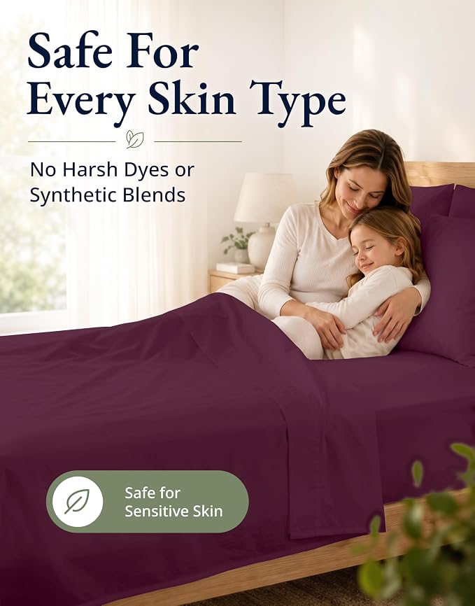 LANE LINEN 100% Organic Cotton Twin Fitted Sheet, 2-Piece Set (1 Fitted Sheet, 1 Pillowcase), Percale Weave, Lightweight, Soft, Breathable, Fits Mattress Upto 15' Deep - Windsor Wine (No Flat Sheet)
