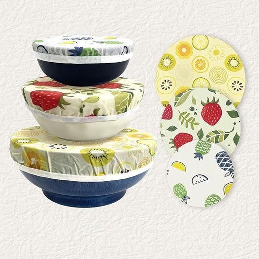Reusable Beeswax Bowl Covers - 3 Pack Eco Friendly Food Wraps for Kitchen Storage - Sustainable Plastic Wrap Alternative for Salad Bowls & Fruits - Washable Zero Waste Food Lids (fruit pattern)