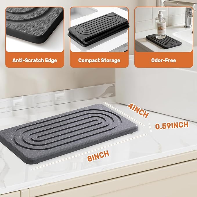 2 PCS Water Absorbing Stone Tray, Quick Drying Diatomite Sink Tray, Non-Slip Drying Mat for Bathroom Vanity & Kitchen Counter, Soap Dispenser Sponge Holder Organizer, White 8.3x4 Inch (Black)