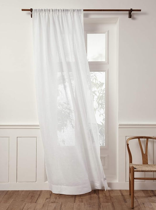 Solino Home Flax Linen Sheer Curtain 108 Inches Long - European 100% Pure Linen White Window Treatment Panel 52 x 108 Inch - Light Filtering Rod Pocket Curtain for Living Room, Bedroom - 1 Panel