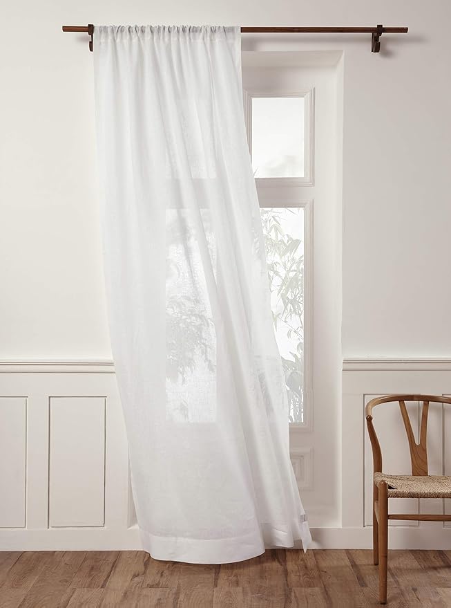 Solino Home White Linen Sheer Curtain 84 Inch - 100% Pure Linen European Flax Window Treatment Panel 52 x 84 Inch - Light Filtering Rod Pocket Curtain for Living Room, Bedroom - 1 Panel