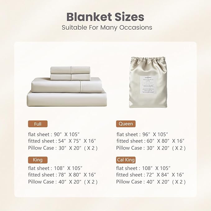 Sophia & William 1000 Thread Count Egyptian Cotton Sheets California King, 100 Percent Cotton Sheets Sateen Weave, 16" Deep Pockets, All-Season 4 Piece Silky Sheet - Ivory