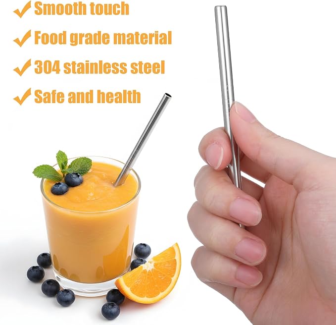 Stainless Straws, 10 Packs Reusable Milkshake Straws Short Metal Drinking-Straws 6.3 Inches Coffee Tea Straw Thick Cocktail Straw with Storage Bag for Juice, Coffee, Milk, Tea, Silver