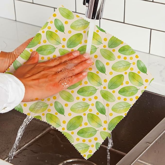 Reusable Beeswax Wraps, 9 Pack Eco-Friendly Food Storage, Organic, Sustainable, Zero Waste, Plastic-Free, For Sandwiches, Bread & Bowls, 1XL, 3M, 5S, Peach Cherry Leaves Patterns