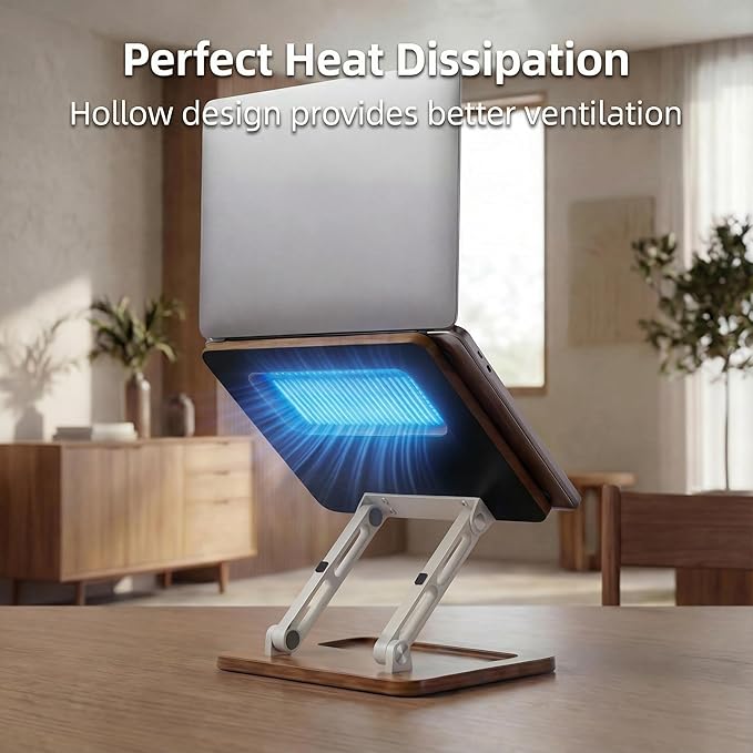 Wooden Laptop Stand with Storage Slot, Ergonomic Adjustable Height & Angle, Ventilated Cooling Design, Foldable for 10-17 Inch Laptops & Tablets