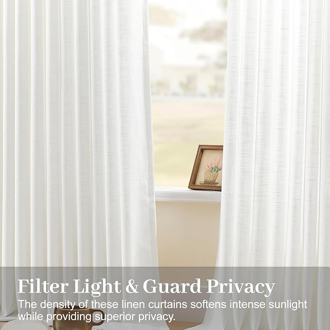 Extra Wide Pinch Pleat Thick Linen Curtains 90 Inches Long for Living Room, Snow White Sheer Curtain Viral Light Filtering Farmhouse Window Drape Privacy with Hooks Rings, 70"W x90"L, 1 Panel