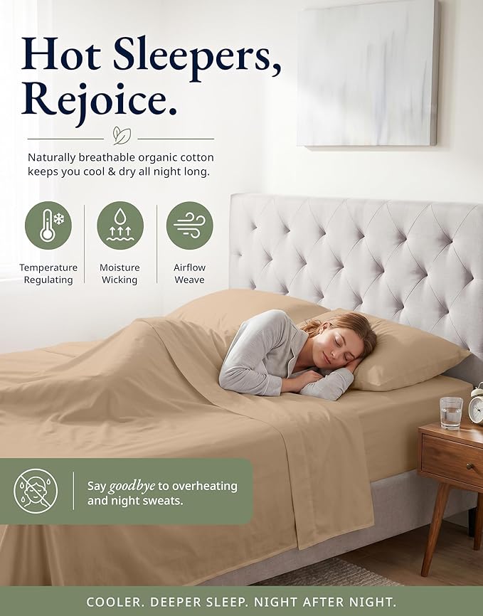 LANE LINEN 100% Organic Cotton Fitted Sheet Queen (+Pillowcases), Soft & Comfy Breathable Naturally Cooling Low Pill Oeko Tex Certified Queen Deep Pocket 15" - Taupe