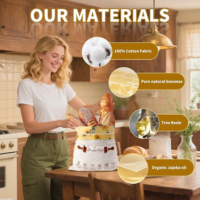 1 Pack Beeswax Bread Bags & Canvas Bags for Storage for Sourdough, Bees Wax Homemade Bread, Removable Patterned, Easy to Clean (16.7x12.8 In), Organic Cotton, Double Freshness Zipper & Velcro