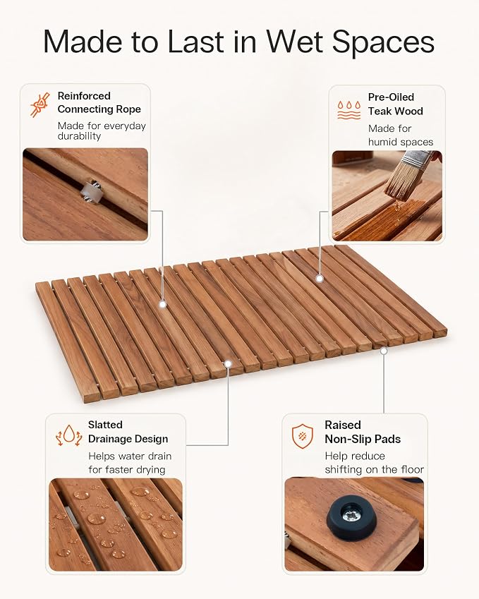 StrongTek Roll Up Teak Bath Mat, Pre-Oiled Wooden Shower Mat with Non-Slip Pads, Teak String Mat for Bathroom, Spa Floor Mat for Tub, Shower & Entry, 30.5 x 19 in