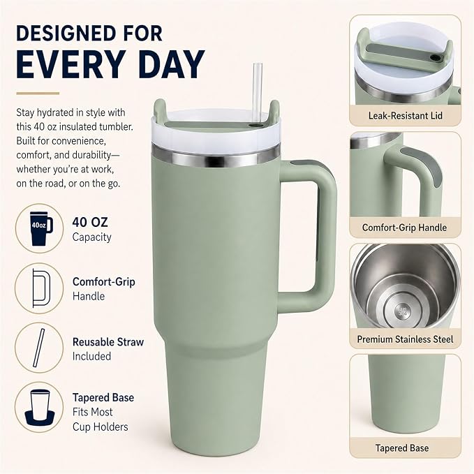 Pandance 4 Pack 40 oz Tumbler with Handle and Straw Bulk, Green | Stainless Steel Vacuum Insulated Travel Mug, Sturdy Screw-on lid, Cup Holder Friendly, Large Capacity Cup For Iced Coffee