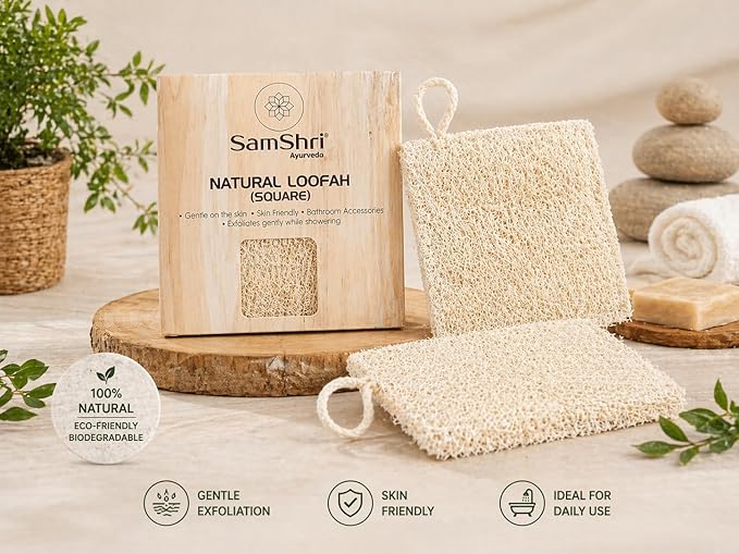 Natural Loofah Sponge 2 Pack, Real Luffa Body Scrubber for Shower, Exfoliating Bath Sponge for Face and Body, Loofah for Men and Women, Biodegradable Reusable Bath Sponge Pads, Square Shape