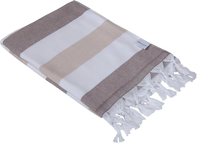 InfuseZen Terry Cloth Lined Turkish Bath & Beach Towel – Striped Design - 100% Organic Turkish Cotton - Soft, Lightweight, Absorbent Peshtemal - Quick Dry for Beach, Bath, Throw, Travel - Brown/Beige