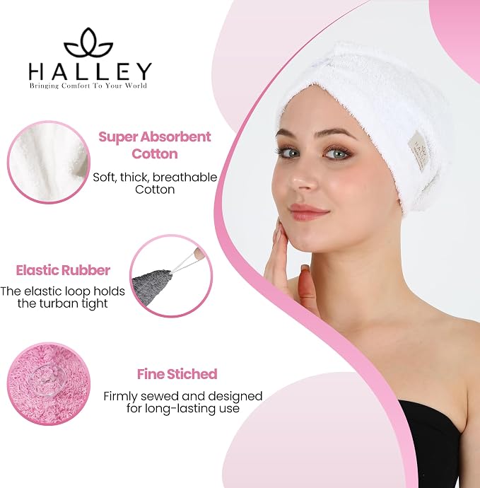 HALLEY Cotton Hair Towel Wrap (3 Packs) Super Absorbent Fast Drying Hair Towel for Thick Hair Turbans for Wet Hair with Button (White, Grey, Pink)