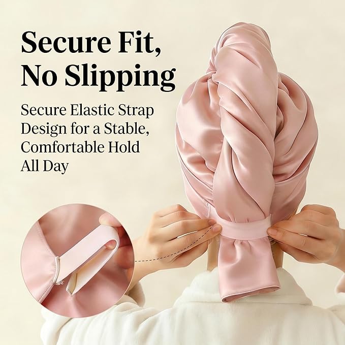 Microfiber Hair Towel Wrap for Women, Thickened Quick Dry Hair Turban with Satin Elastic Band, Hair Drying Towel for Long Hair（Pink）