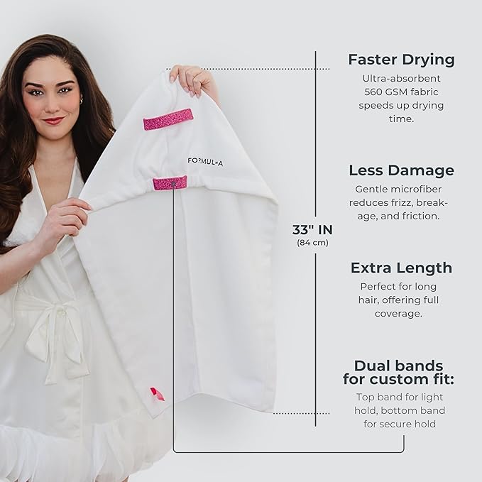 FORMUL-A Microfiber Hair Towel Wrap – Anti Frizz Towel - Fast Hair Drying Towel Wrap – Hair Care Products – Hair Plopping Wrap Towel – Hair Turban for Wet Hair – Super Absorbent (White/Pink Straps)
