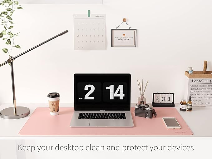 RENMTURE Dual-Sided Mouse Pad, Natural Cork & PU Leather Large Desk Pad for Office and Home Work, Desk Protector Non-Slip, Waterproof, Easy Clean (Pink, 32"x16")