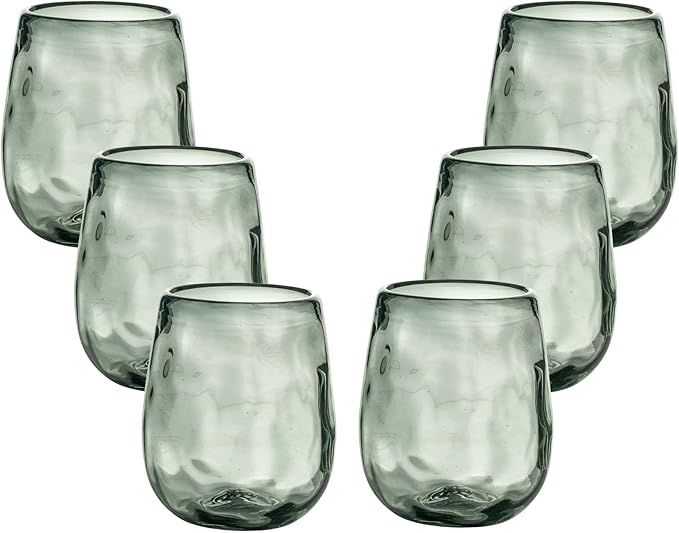 Organic Smoke Hand Blown Stemless Wine Glasses - 100% Recycled Mexican Glassware - Artisan Crafted Drinking Glasses for Cocktails, Tequila, or Water - Set of 6 (16 oz)