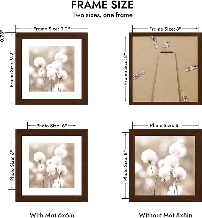 Hongkee 8x8 Oak Wood Picture Frame 1 Pack(Matted 6x6) with Real Glass Cover | Walnut, 8 x 8 Solid Wood Frame for Wall or Tabletop Display - Includes Easel Back, Vertical Hang - Ideal for Home, Office