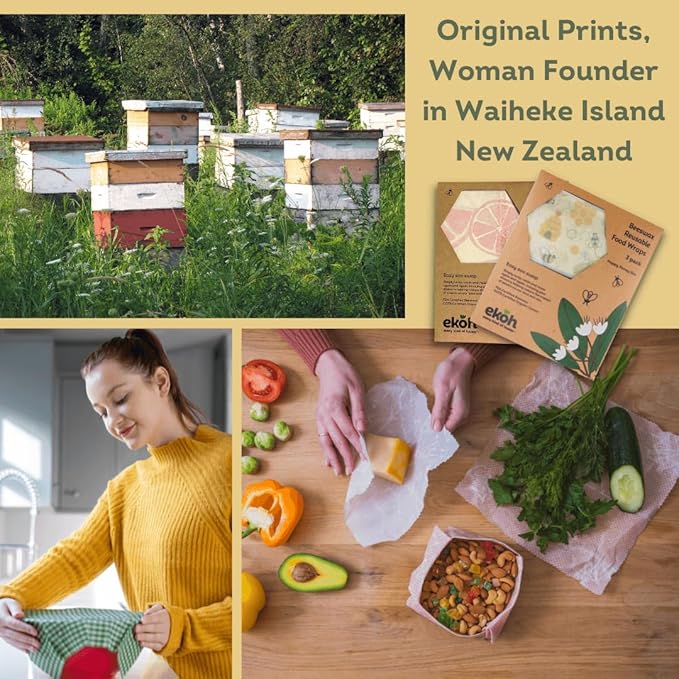 EKOH Reusable Beeswax Foodwraps (3 pk) Retro Bee Print - Bees Wax Wrap for Food - Eco Friendly Bee Wraps - Reusable Sandwich Wrap - Sustainable Organic Cotton Wraps (3 Honey Bee prints)