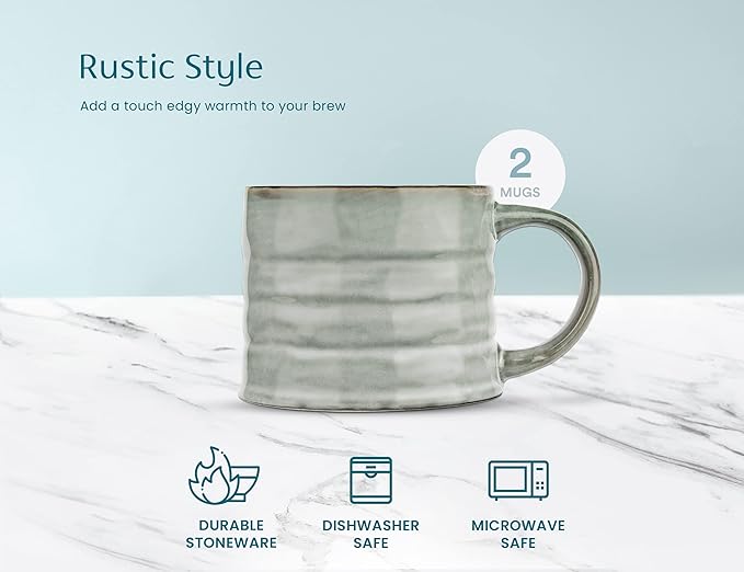 KooK Glazed Coffee Mugs, Ceramic, Microwave & Dishwasher Safe, 13 oz, Java/Slate Lined, Set of 2