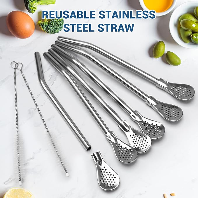 6 in Reusable Yerba Mate Straws, 6 Pcs Metal Spoon Straws Bent | Stainless Steel Short Straw Spoon, Removable Drinking Filter Straws with 2 Cleaning Brushes for Tea Coffee Cocktail(Silver)