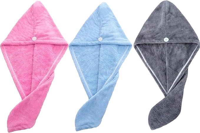 Microfiber Hair Drying Turban Towels, Pack of 3 (Blue-Pink-Grey)