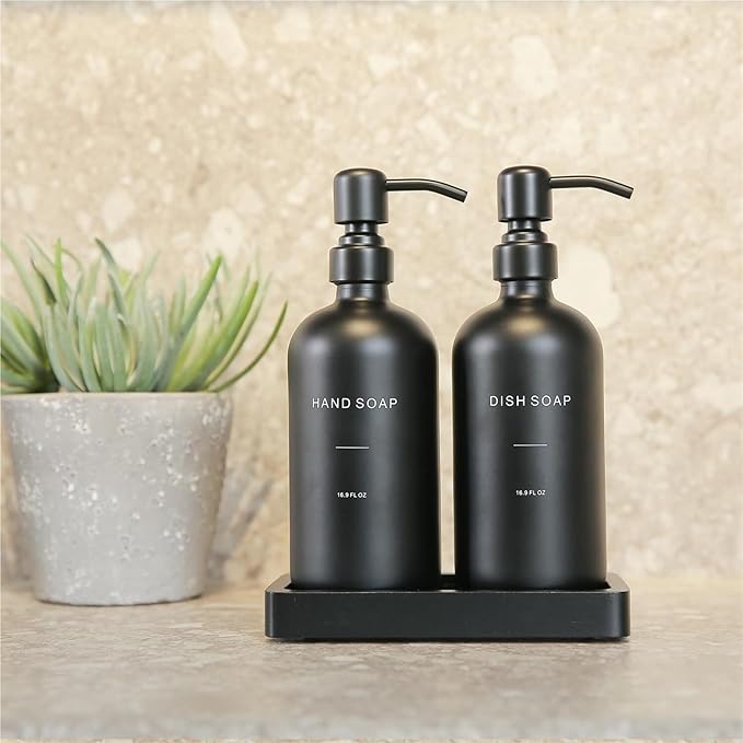 Liquid Dispenser Soap Dispenser Set Glass with Stainless Steel Pump Countertop Soap Bottle(Black Bottle+Black Pump)