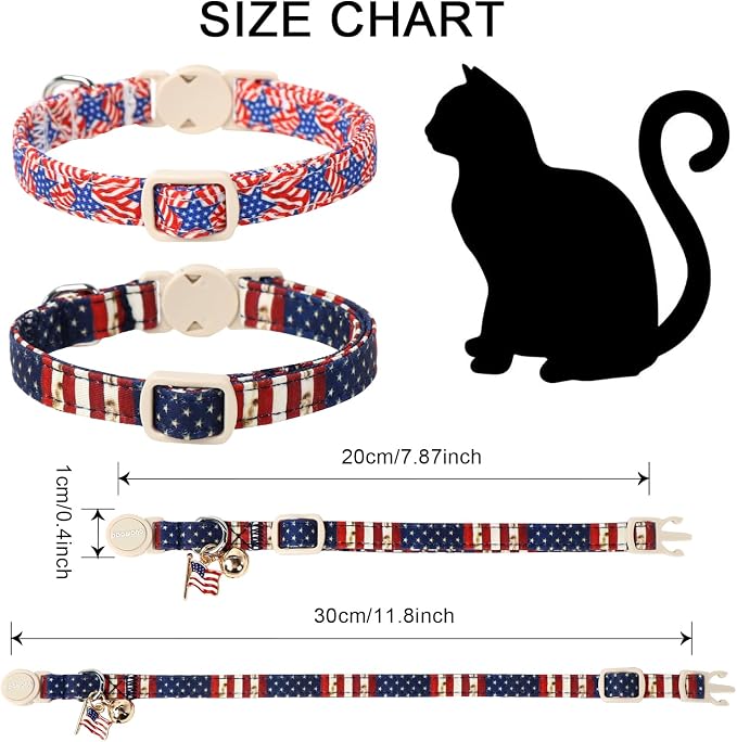 2 Pack American Flag Cat Collars Breakaway with Bell, DOGWONG Safety Buckle 4th of July Patriotic Cute Cat Collar for Girl Boy Cats，Adjustable 7-12 Inch