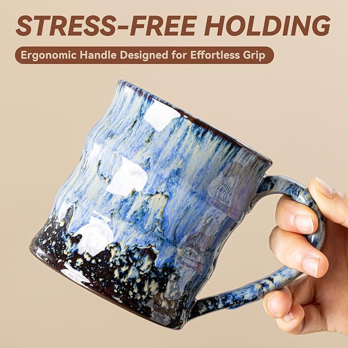 Unique Reactive Glaze Ceramic Coffee Mug - 15 oz Large Coffee Cup with Ergonomic Handle, Deep Sea Blue Ceramic Mug for Office & Home, Great Birthday Gift for Women, Men & Friends