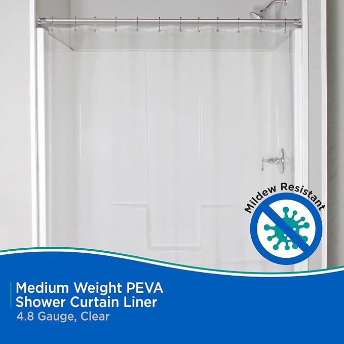 Kenney KN61443 Medium Weight 5 Gauge Waterproof PEVA Shower Curtain Liner with Rust-Resistant Metal Grommets and Weighted Magnetic Hem for Bathroom, 70" W x 72" H, Clear, 1-Pack