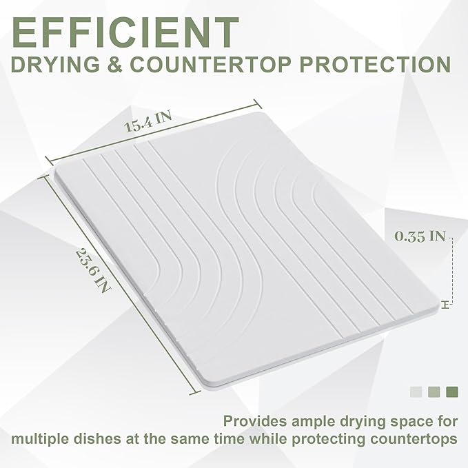 Large Stone Drying Mat for Kitchen Counter, 24" × 16" Diatomite Dish Drying Mat, Quick Dry Stone Mats, Ultra Absorbent Natural Diatomaceous Earth Mats for Dished, Bottles, White