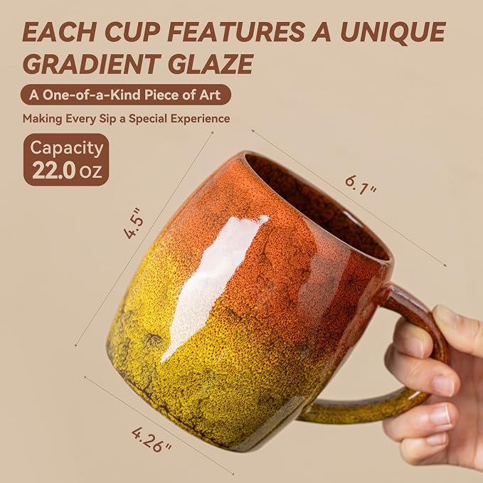Handmade 22oz Ceramic Coffee Mug, Ergonomic Large Handle, Ideal Gift for Coffee Lovers, Microwave & Dishwasher Safe (Minute-Orange&Yellow)