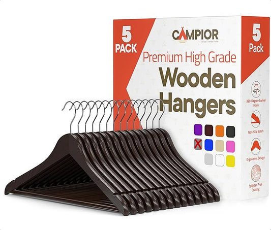 Brown Wooden Hangers 5 Pack – Heavy-Duty with 360° Swivel Hook, Non-Slip, Pants Bar & Shoulder Grooves - Wooden Hangers for Suits, Jackets, Dresses & Camisoles, Space-Saving and Smooth Finish