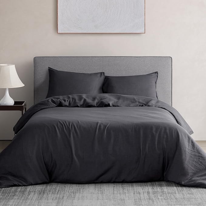 DAPU 100% Linen Duvet Cover Set - Pure Natural French Flax Linen with Corner Ties and Zipper Closure Soft Breathable Durable for Hot Sleepers 1 Duvet Cover 2 Pillowcases (Dark Gray, King)