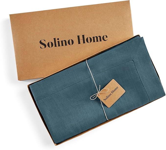 Solino Home Linen Tablecloth for Rectangle Tables 60 x 144 Inch - 100% Pure Linen Peacock Blue Table Cloth - Fete, Machine Washable Cloth Tablecloth