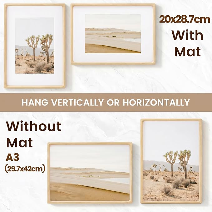A3 Picture Frame, USA-Sourced Maple Wood Photo Frames with HD Tempered Glass, Handcrafted Rounded Corner A3 Wooden Frame Matted to A4 Photos, Tabletop or Wall Display