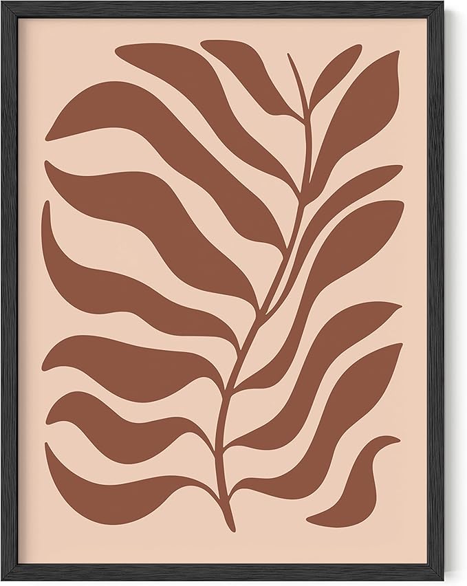 Abstract Organic Leaf Silhouette Wall Art Botanical Shapes Earth Tones Terracotta Mid Century Modern 12x16 Inch Oak Wood Black Framed Minimalist Print for Bedroom Decor