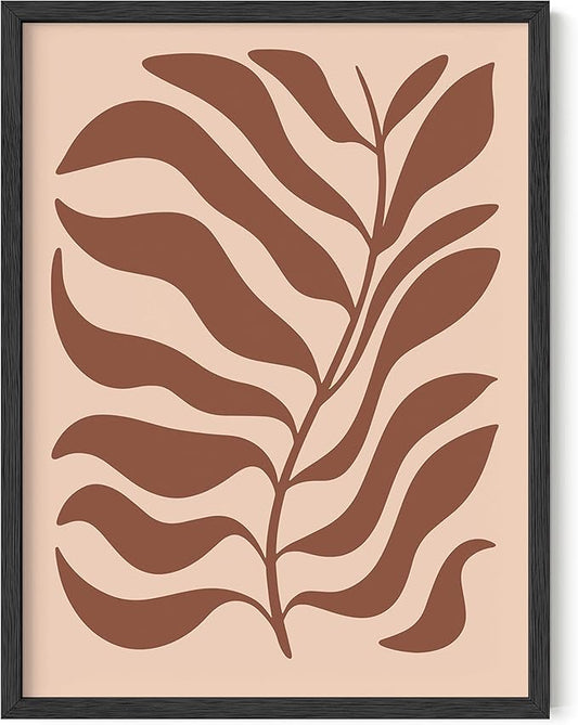 Abstract Organic Leaf Silhouette Wall Art Botanical Shapes Earth Tones Terracotta Mid Century Modern 12x16 Inch Oak Wood Black Framed Minimalist Print for Bedroom Decor