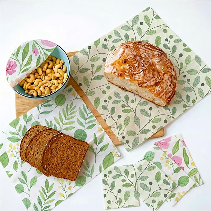Reusable Beeswax Wraps, 9 Pack Plastic-Free Food Storage, Sandwich, Bread, Fruit Covers, Organic, Sustainable, Zero Waste, Biodegradable, 1XL, 3M, 5S, Pink Flowers and Green Leaves Print