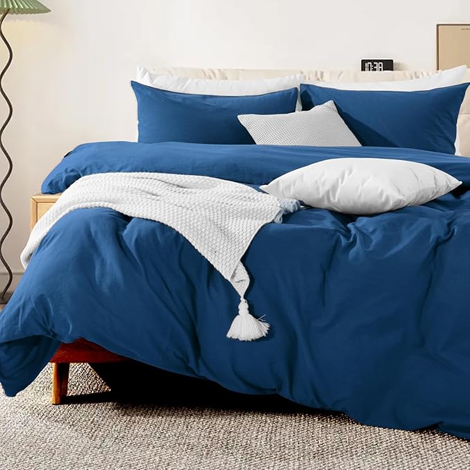 NEXHOME PRO Duvet Cover Set 100% Washed Cotton California Kingn 104"x98", Organic Natural Linen Look Textured 3 Pieces Bedding Set Royal Navy Klein Blue with Zipper Closure, Soft(No Comforter)