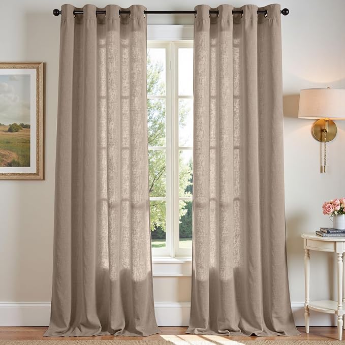 jinchan Taupe Linen Semi Sheer Curtains 96 Inch Curtains 2 Panel Set for Living Room Grommet Dark Flax Light Filtering Drapes Home Office Minimalist Decor Suitable for Bathroom and Bedroom 50x96 Inch