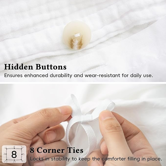 David's Home 100% Cotton Muslin Duvet Cover Set King Size,3 Pcs Ultra Soft Breathable & Lightweight Gauze Bedding Set with 2 Pillowcases,Textured Home Decor with Button, 104"×90" White,No Insert