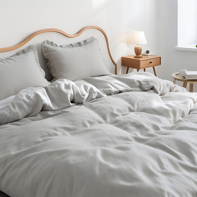 Simple&Opulence 100% Linen Duvet Cover Set, 3 PCS Natural French Flax Light Grey Ruffle Duvet Cover Queen Size, Breathable Comfy Linen Bedding Comforter Cover with 2 Pillowcases(Light Grey, 88" X 92")