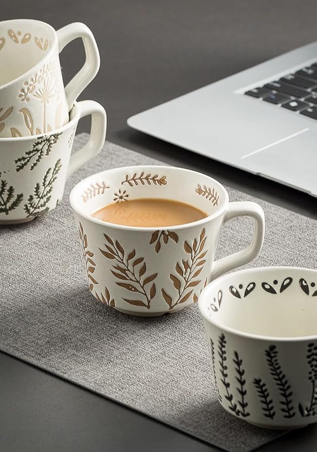Handmade 12oz Coffee Mugs, Ceramic Coffee Mugs with Leaves Patterns for Man, Woman Modern Coffee Mug for Latte Cappuccino Cocoa, Dishwasher Microwave Safe, Stoneware Cup, Special Gifts, Lavender