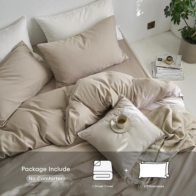 MooMee Duvet Cover Set, 100% Washed Cotton Linen Like Twill Thick Sturdy Material Super Soft Breathable Durable Bedding for All Season, 3 Pieces (Tannish Linen LikeGrey, Cal King 104"x98")