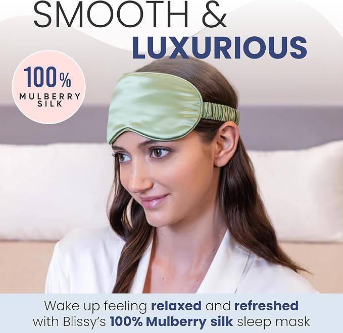 Blissy Silk Sleep Mask - Eye Sleeping Mask for Women & Men for Total Blackout - 100% Pure Mulberry Silk, 22 Momme 6a Fibers - Blindfold Sleep Mask Side Sleeper Eye Cover (Olive)
