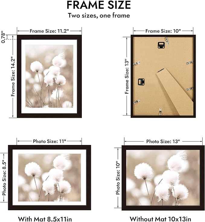 Hongkee 10x13 Oak Wood Picture Frame 1 Pack(Matted 8.5x11) Real Glass Cover | Black, 10 x 13 Solid Wood Frame for Wall or Tabletop Display - Includes Easel Back, Vertical Hang - Ideal for Home, Office